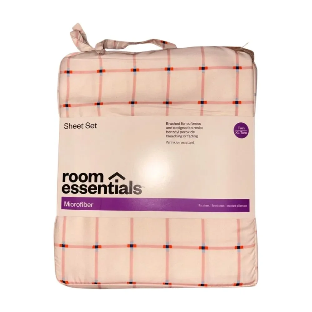 Microfiber Sheet Set Room Essentials Twin/XL Twin Pink Grid NWT | 4-Piece